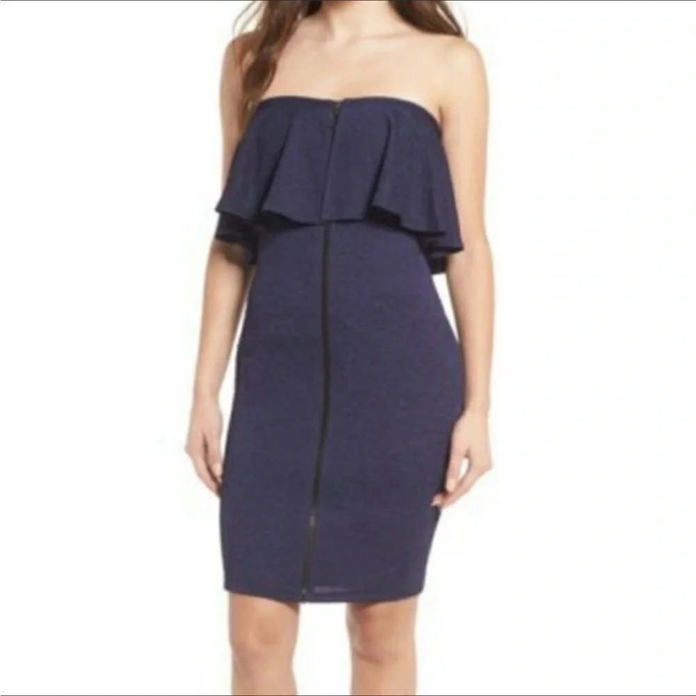 Leith Nordstrom Strapless Navy Blue Zipper Front Mini Dress S Tight Bodycon